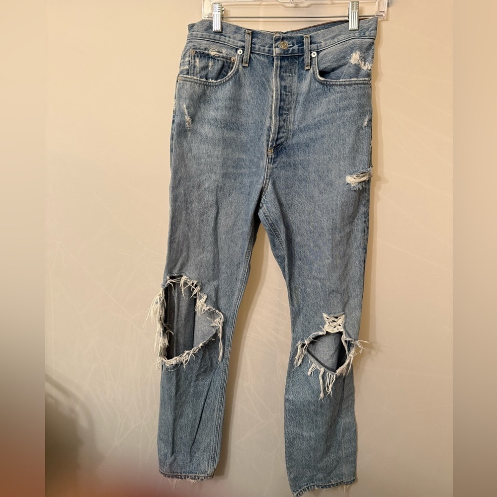 AGOLDE 90’s HIGH RISE LOOSE FIT IN FALL OUT IN DESTROYED DENIM BO’S JEANS 28 - Picture 3 of 14